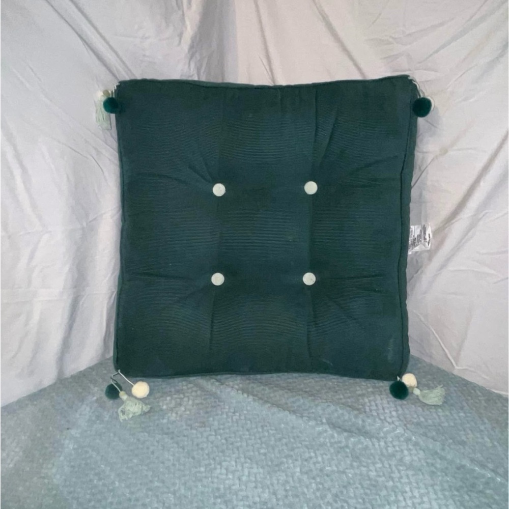 Dark Green Square Cushion with Pom Poms